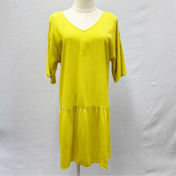 Eileen Fisher Drop Waist Shift Dress Back Tie Lagenlook in Yarrow Citron Size XS - Picture 1 of 16